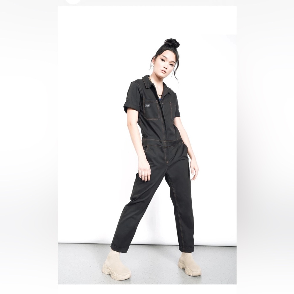 Wildfang Essential Short Sleeve coverall Black Brushed Cotton Yellow Stitches